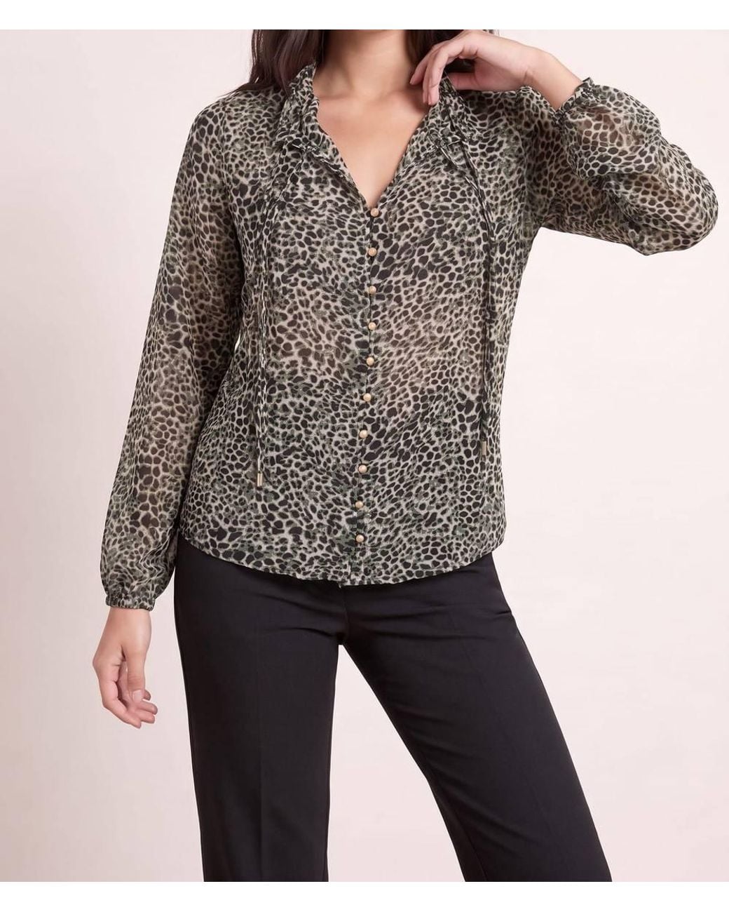 Style Cheat Gray Animal Print Tie Blouse