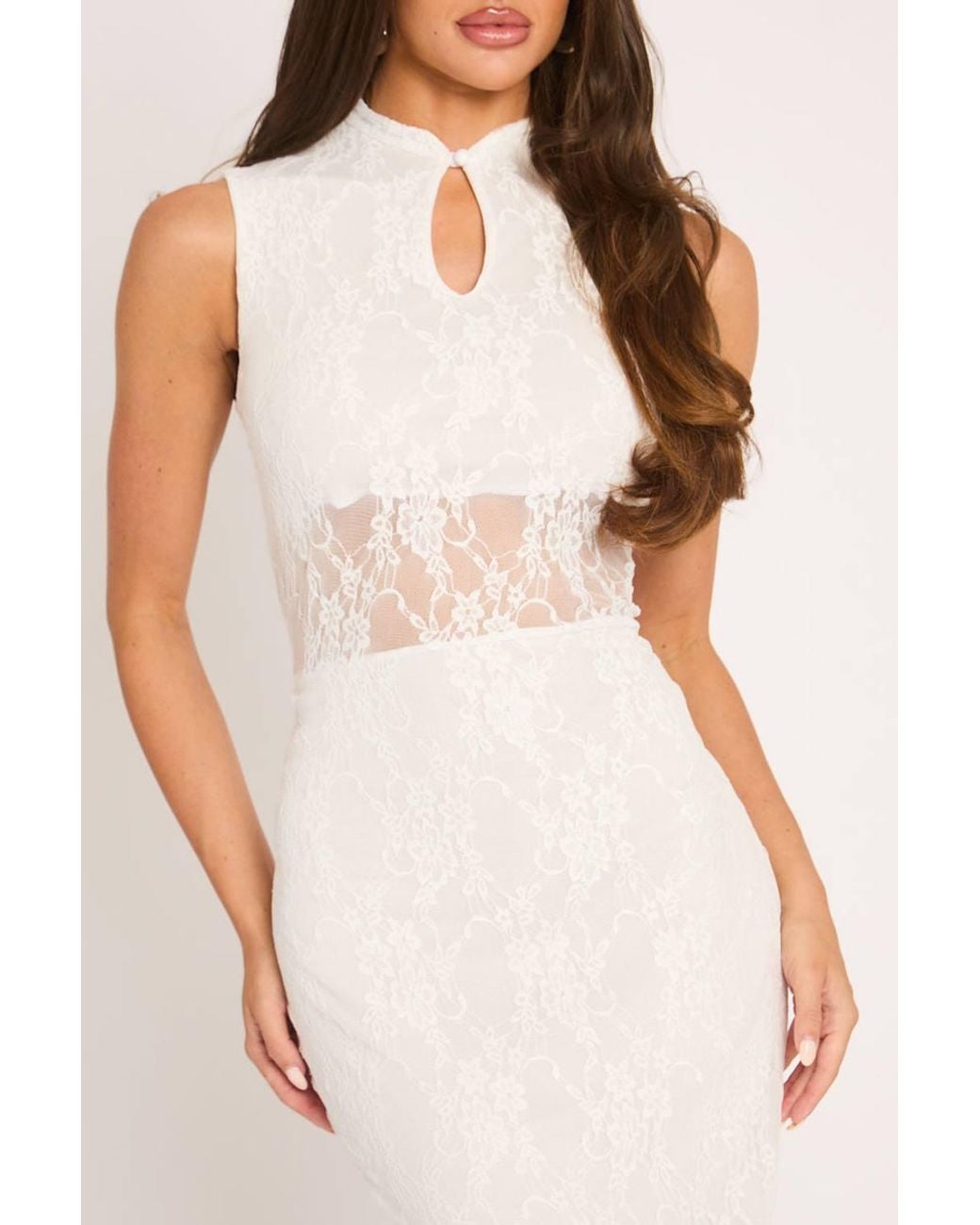 Rebellious Fashion White Lace High Neck Keyhole Detail Maxi Dress