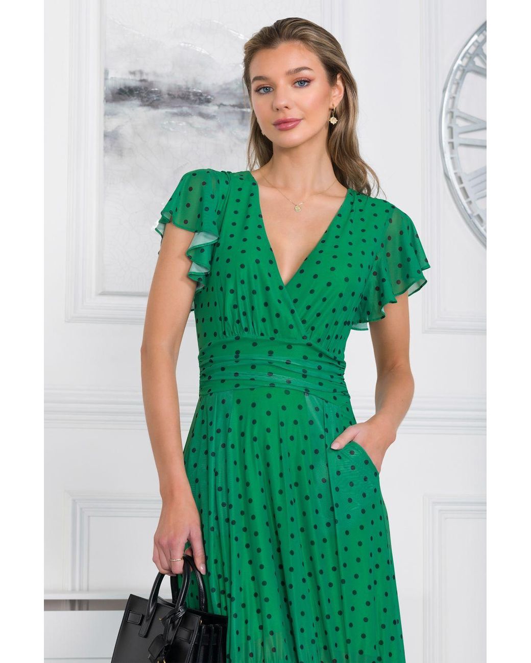 Jolie Moi Green Leena Mesh Cap Sleeve Tiered Maxi Dress