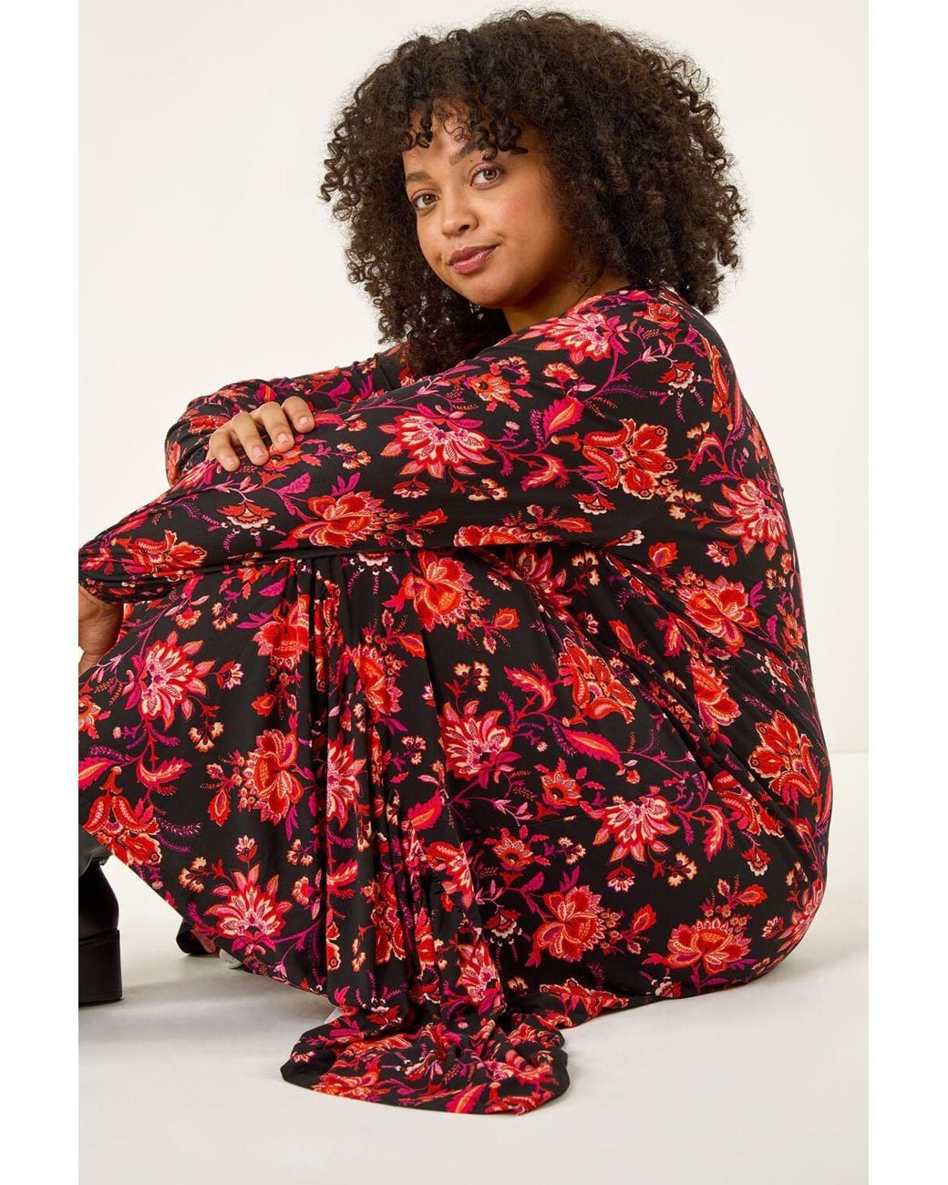 Roman Red Curve Floral Print Stretch Dress