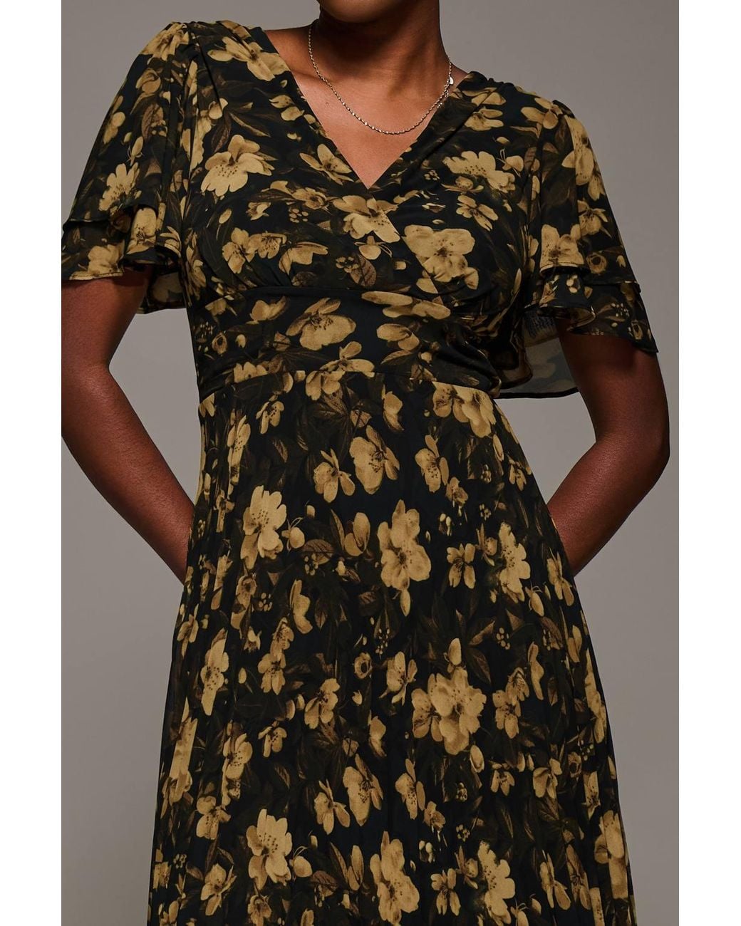 Jolie Moi Brown Chiffon Ruffle Sleeve Pleated Maxi Dress