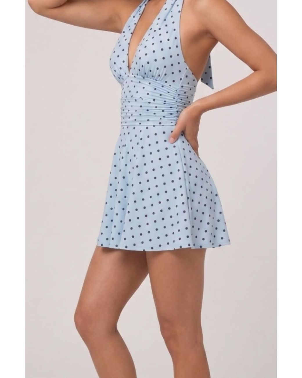 Stylewise Blue Polka Dot Halter Neck Tie Knot Open Back Mini Dress