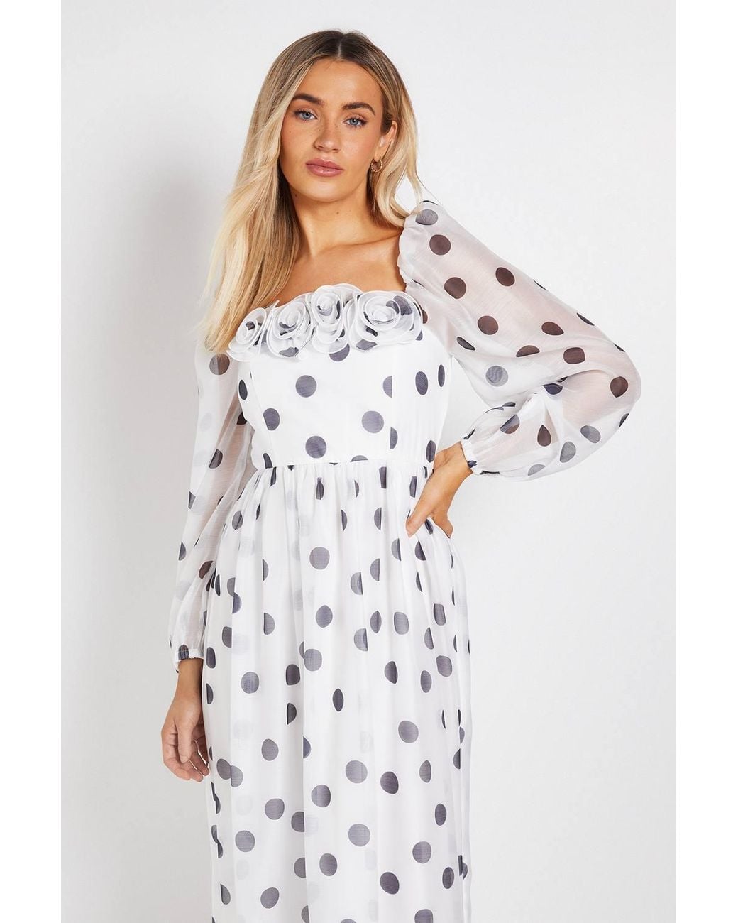 Dorothy Perkins White Dp Luxe Flower Detail Square Neck Printed Organza Midi Dress
