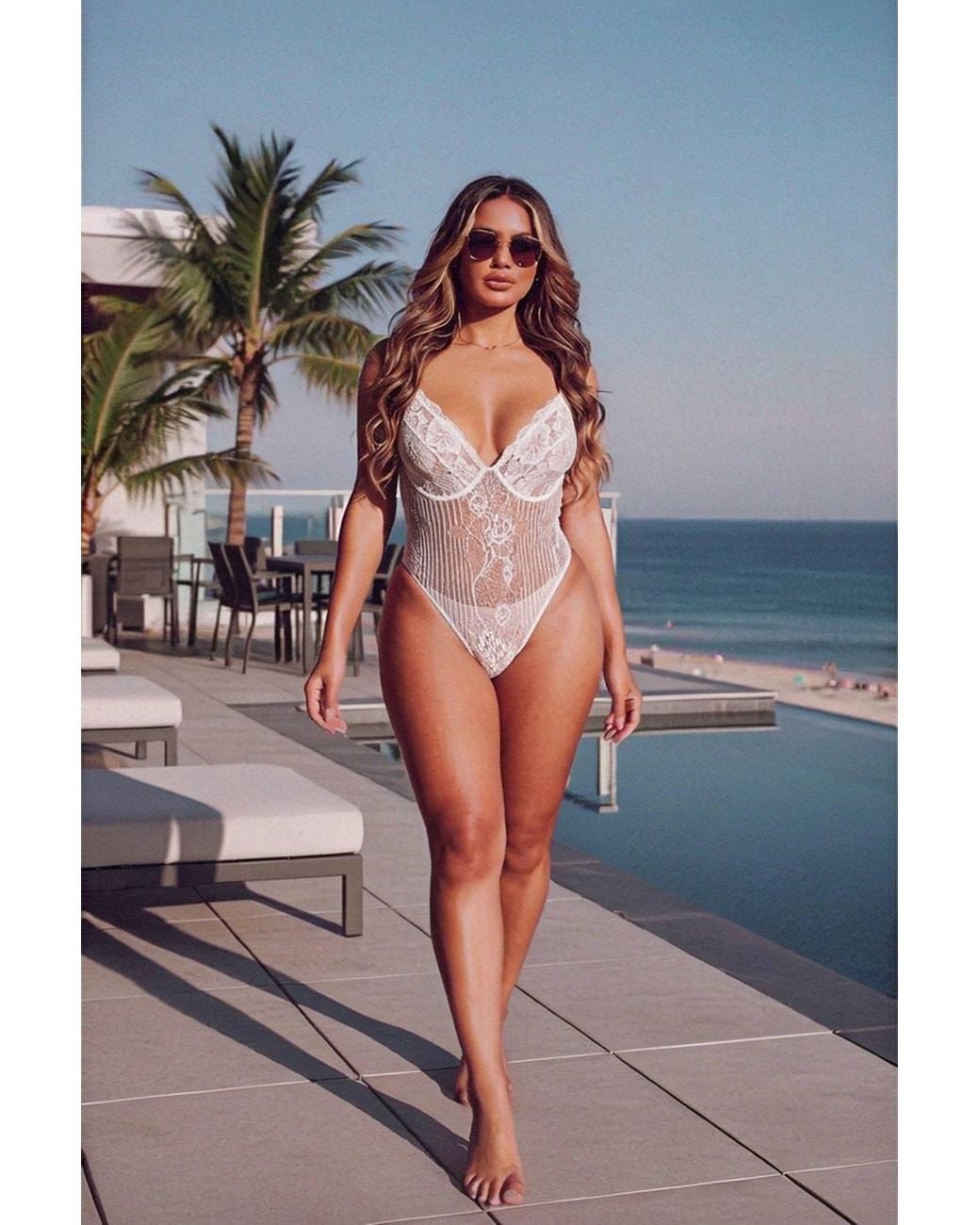 Femme Luxe Gray Stripped Lace Cup Detail Strappy Plunge Bodysuit