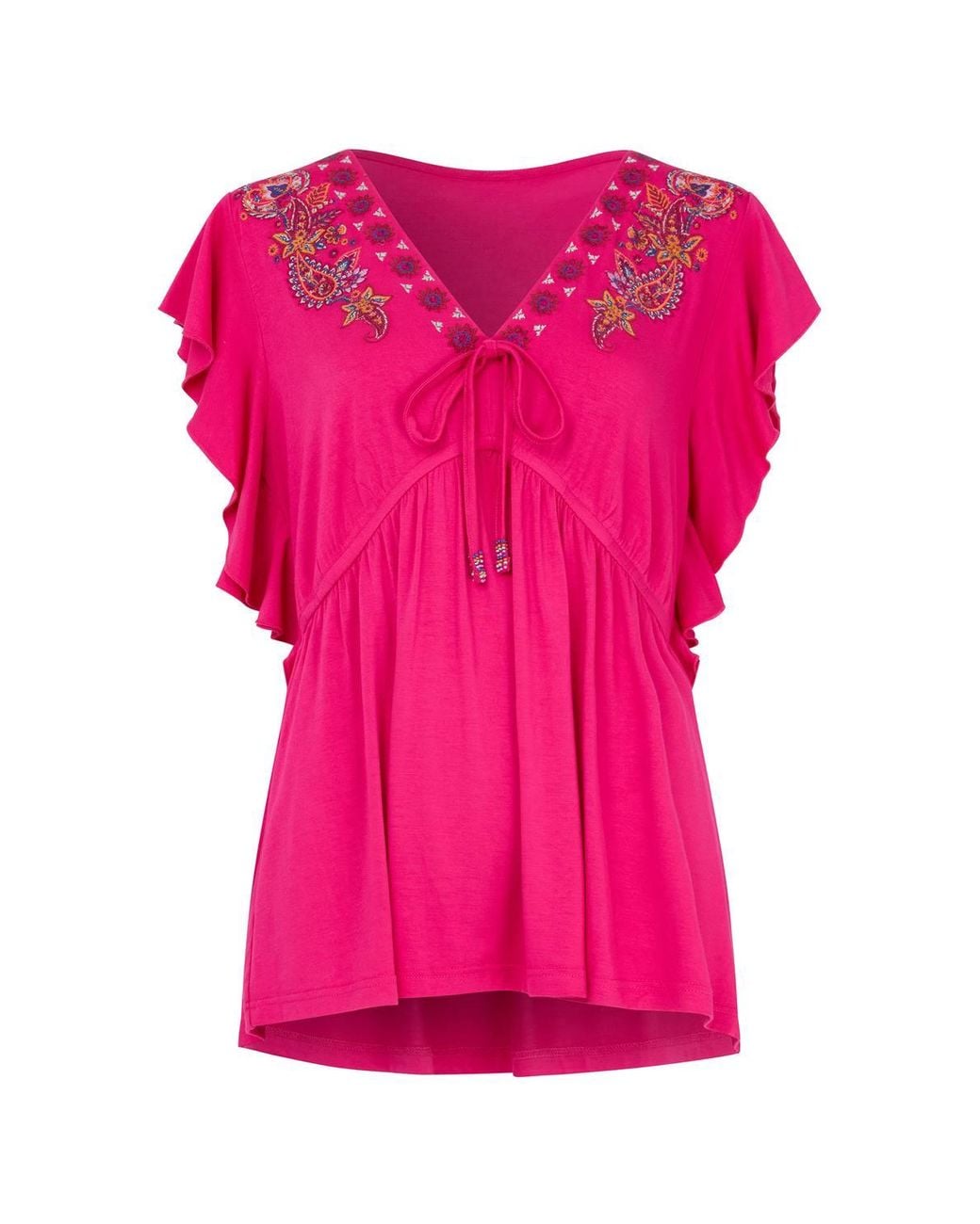 Joe Browns Pink Embroidered Jersey Top With Tie Detail & Frill Sleeves
