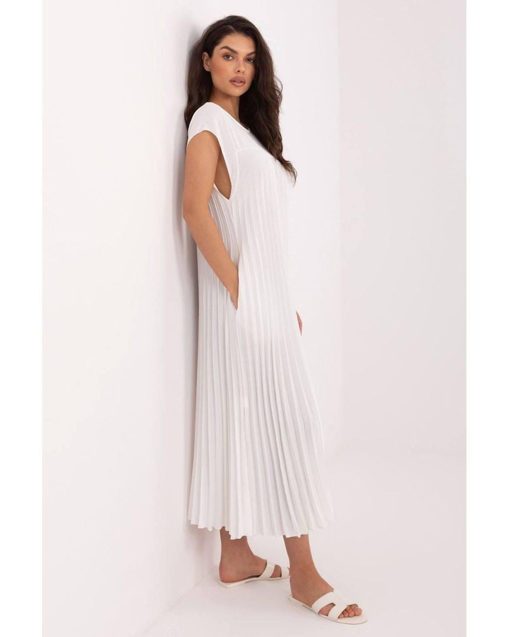Love Lace Pink Office Viscose Pleated Sleeveless Midi Dress