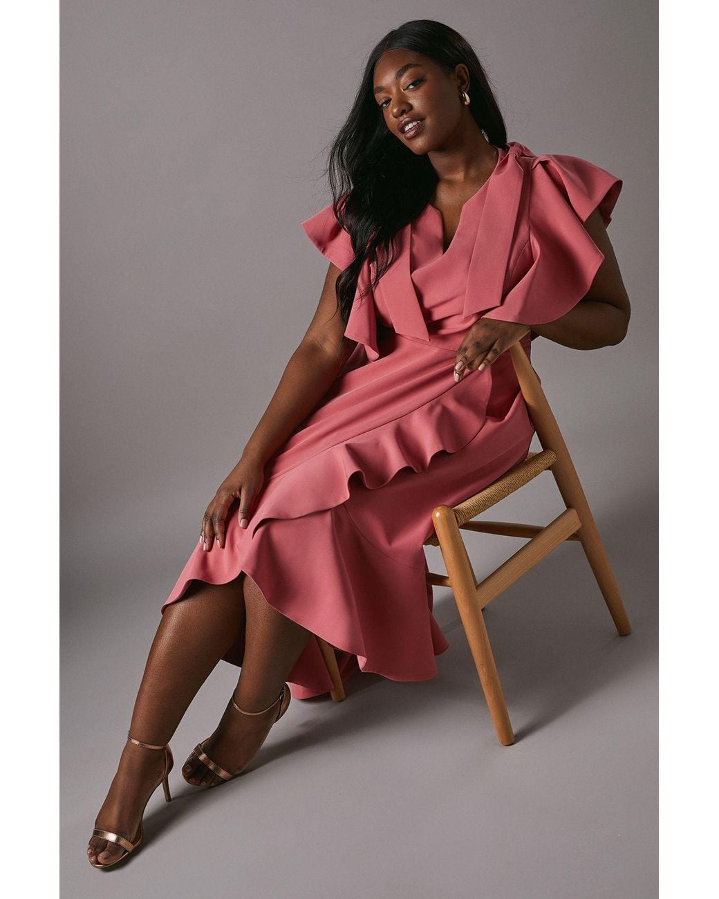 Coast Pink Plus Crepe Ruffle Wrap Midi Dress