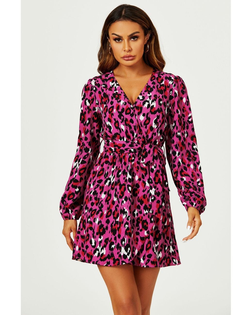 FS Collection Red Leopard Print Wrap Top Mini Dress
