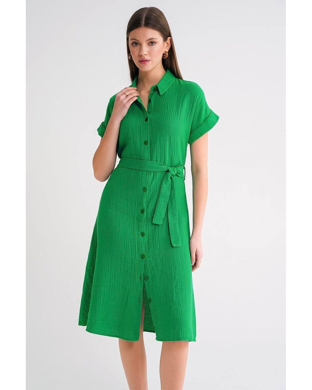 MixRay Green Relaxed Fit Midi Dress With Shirt Collar & Buttons