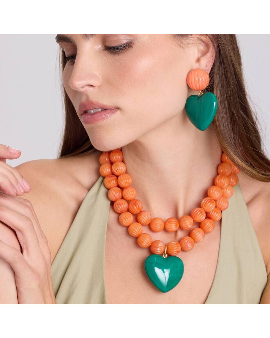 Michael Nash Jewelry Orange Amour Carved Coral Resin Bead With Jade Resin Heart Pendant