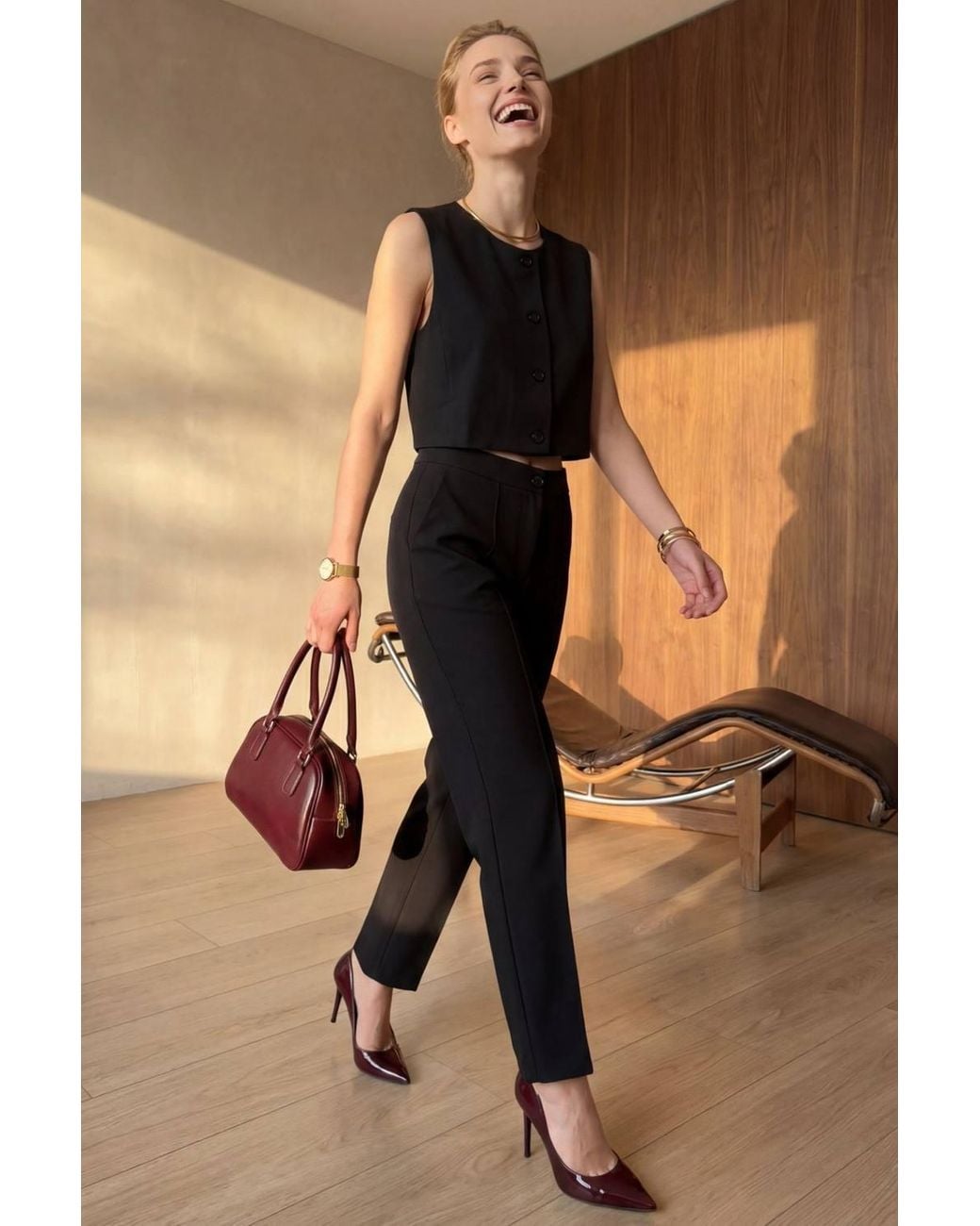 My Fashion Brown Crew Neck Crop Vest & High Waist Pants Two-Piece Set