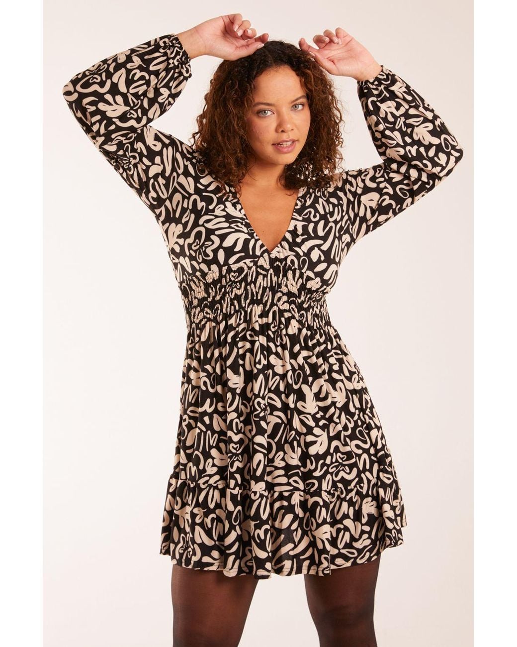 Blue Vanilla Natural Shirring Elastic Sleeve Tier Mini Dress