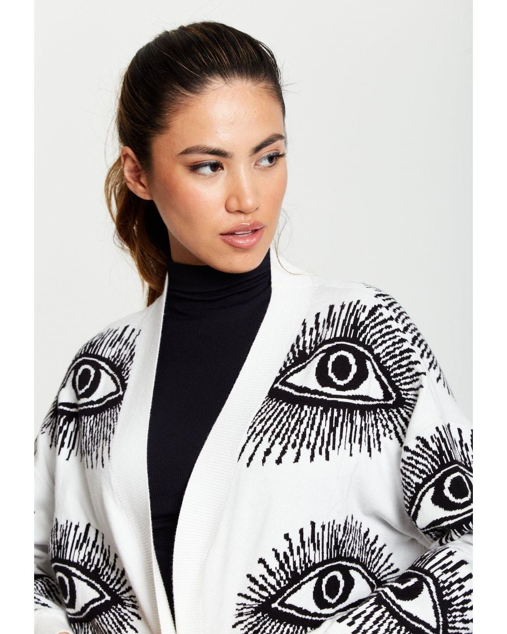 Liquorish Black Eye Pattern Longline Cardigan