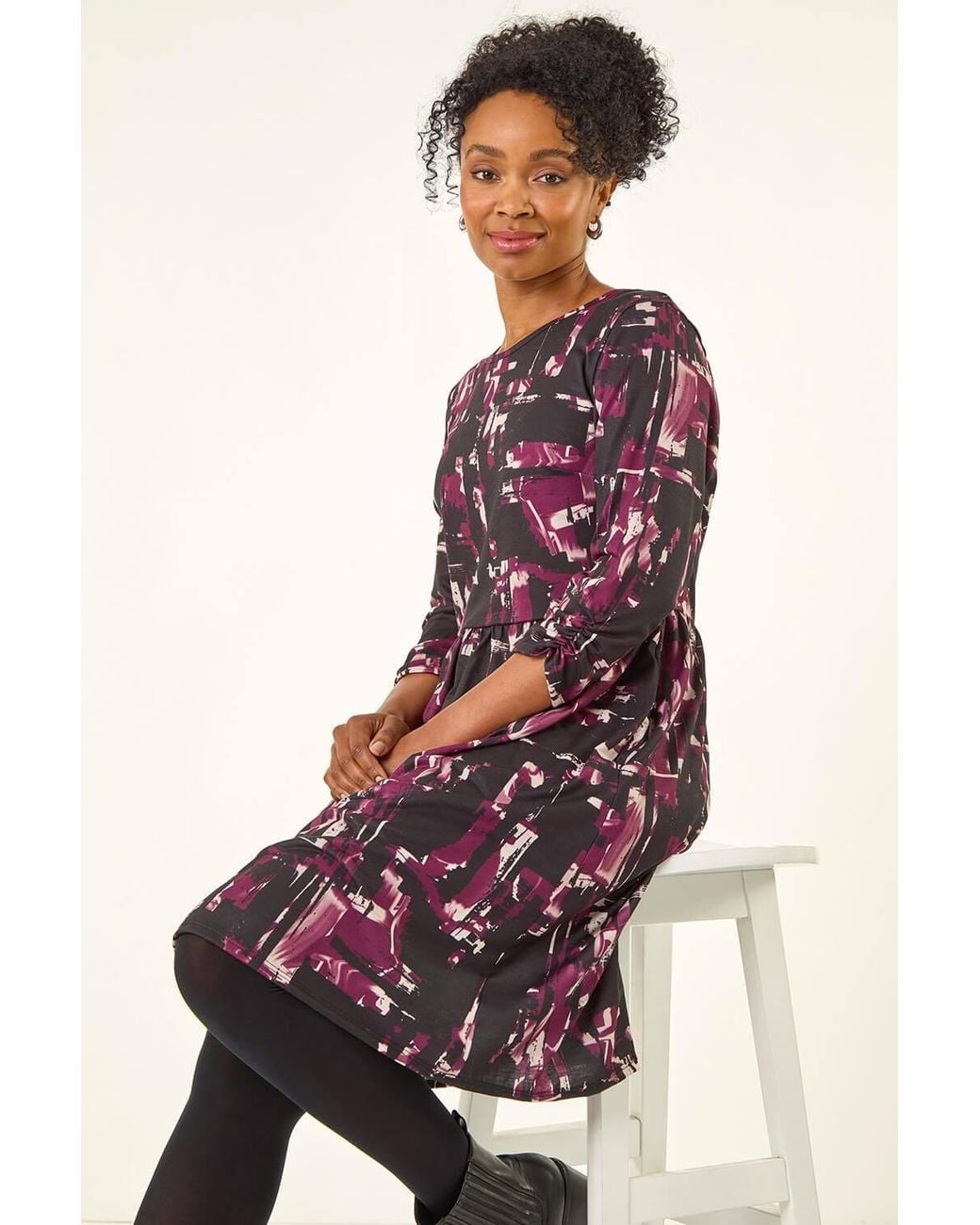 Roman Petite Abstract Gathered Stretch Dress
