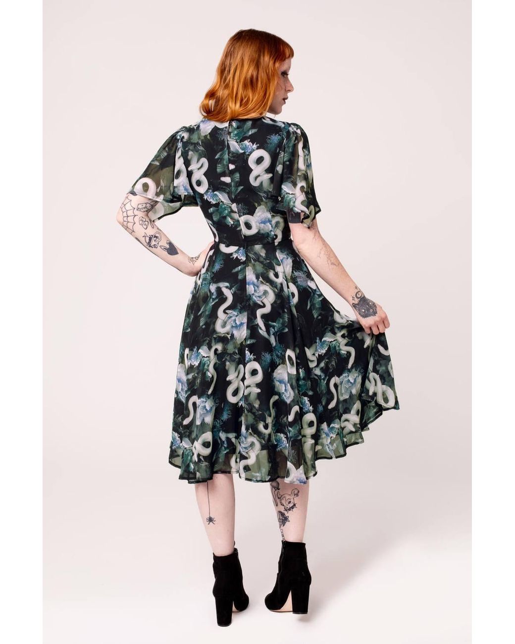 Hell Bunny Black Serpent Print Chiffon Dress With Flared Skirt & Draped Sleeves
