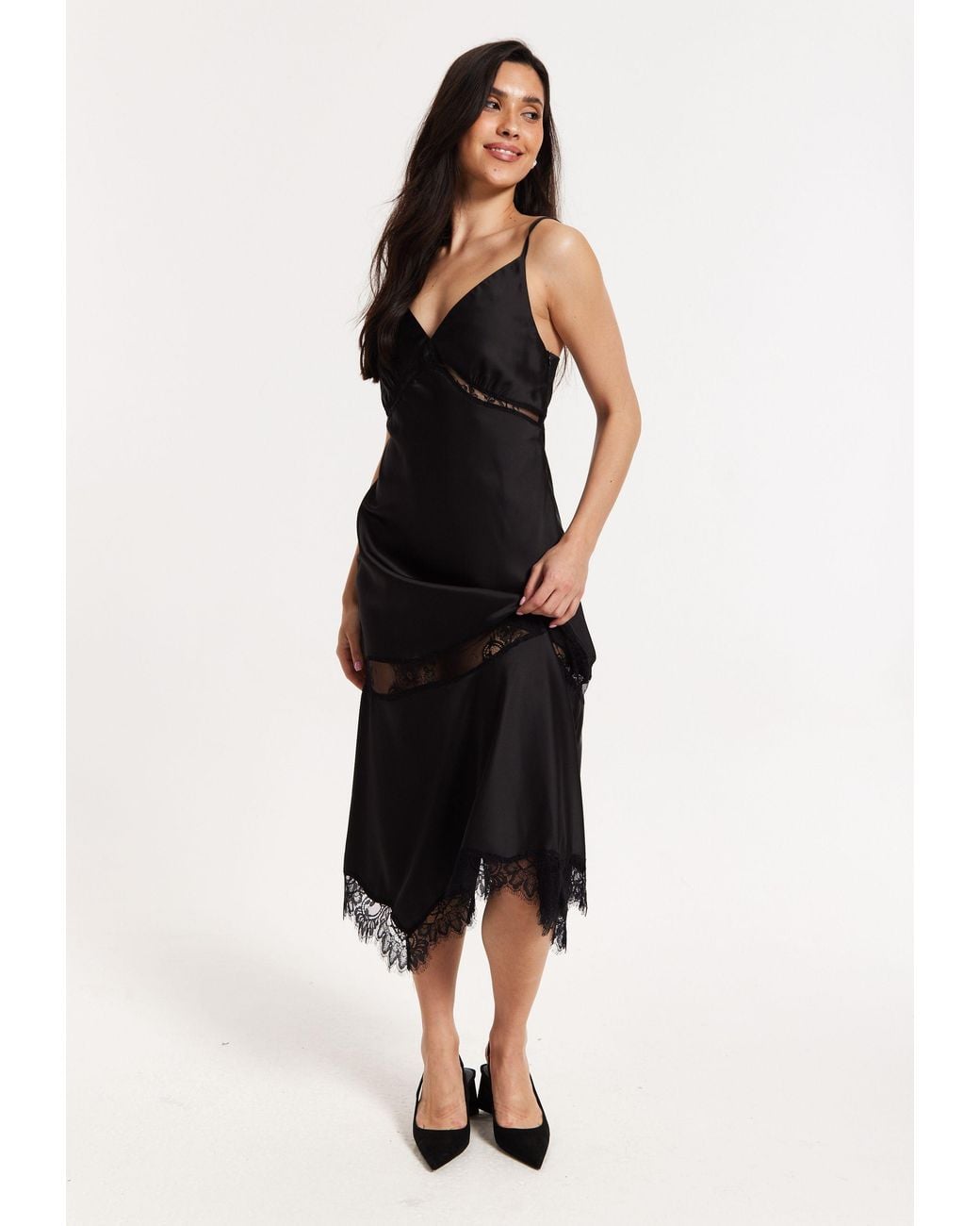 Liquorish Black Satin Lace Midi Slip Dress