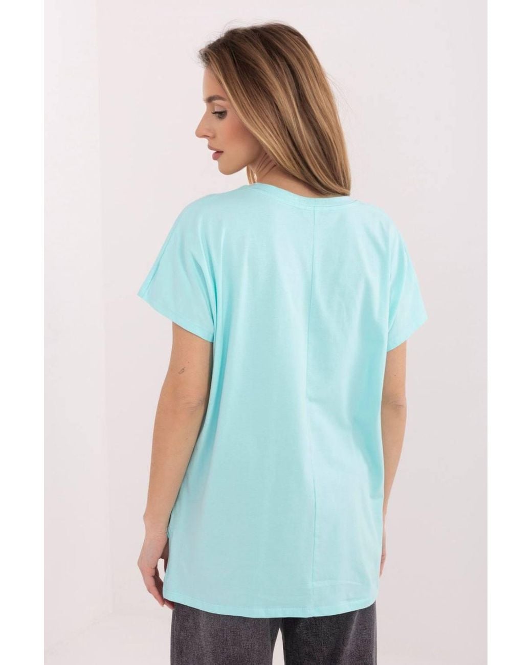 Love Lace Blue Embossed Casual Cotton T-Shirt With Slits
