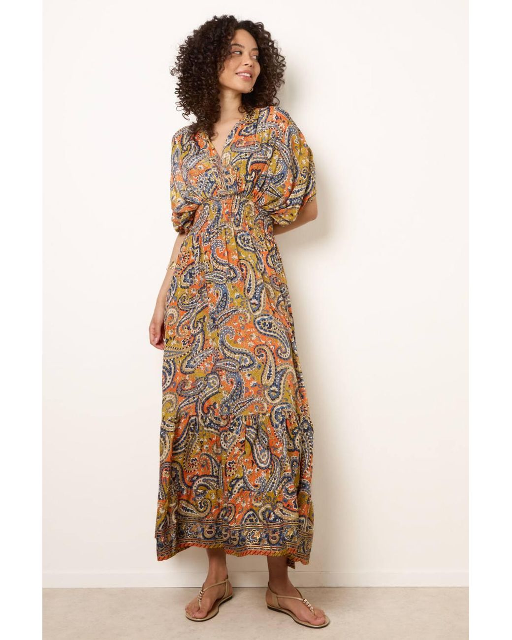 Blue Vanilla Natural Shirred Waist Multi Three Quarter Sleeve V-Neck Maxi Dress