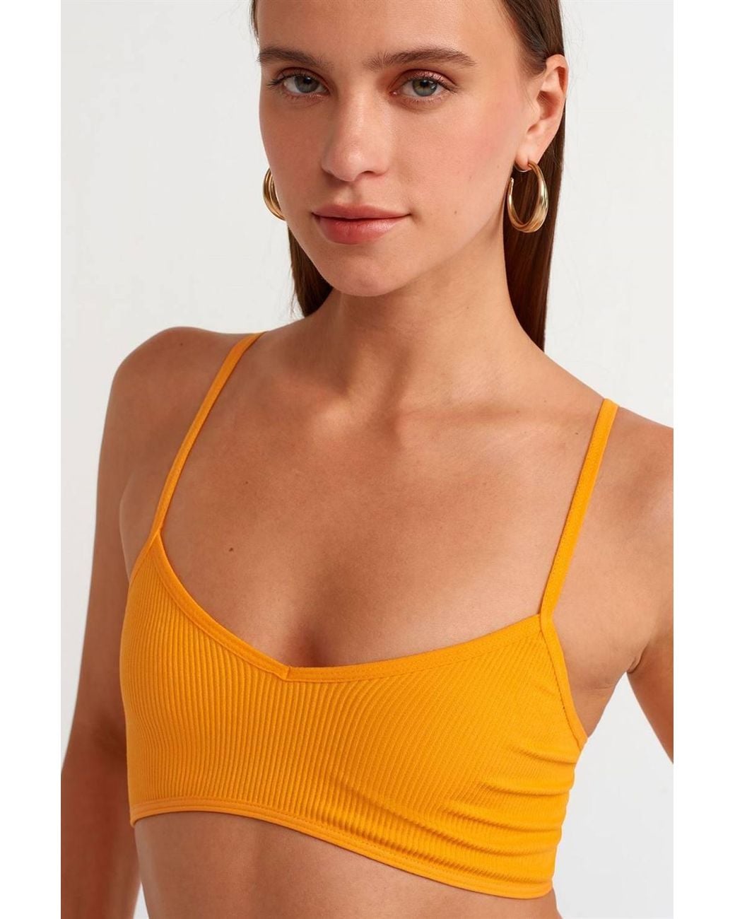 Dilvin Orange Ribbed V-Neck Crop Bralet Top