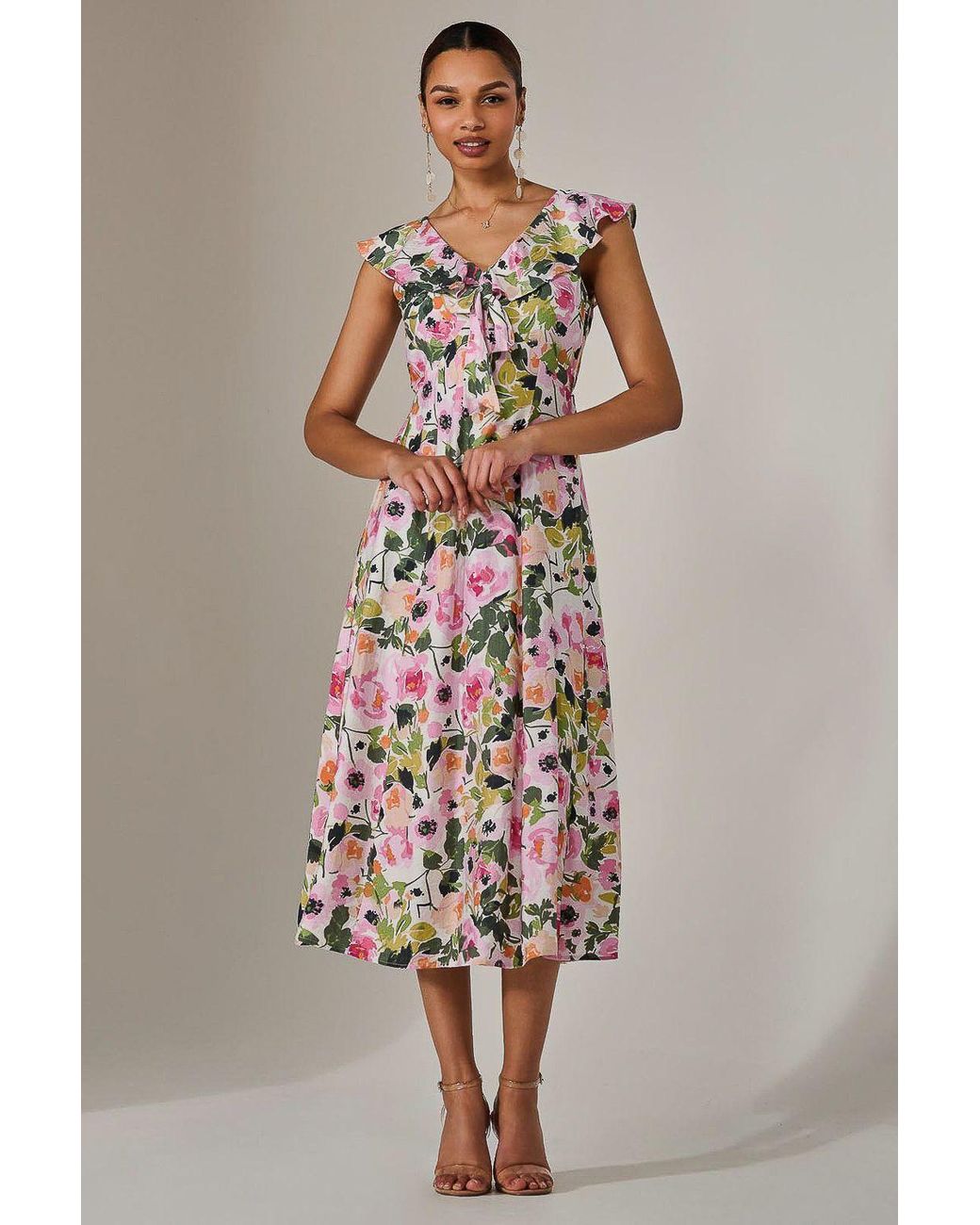 Jolie Moi Multicolor Frill V Neck Midaxi Dress