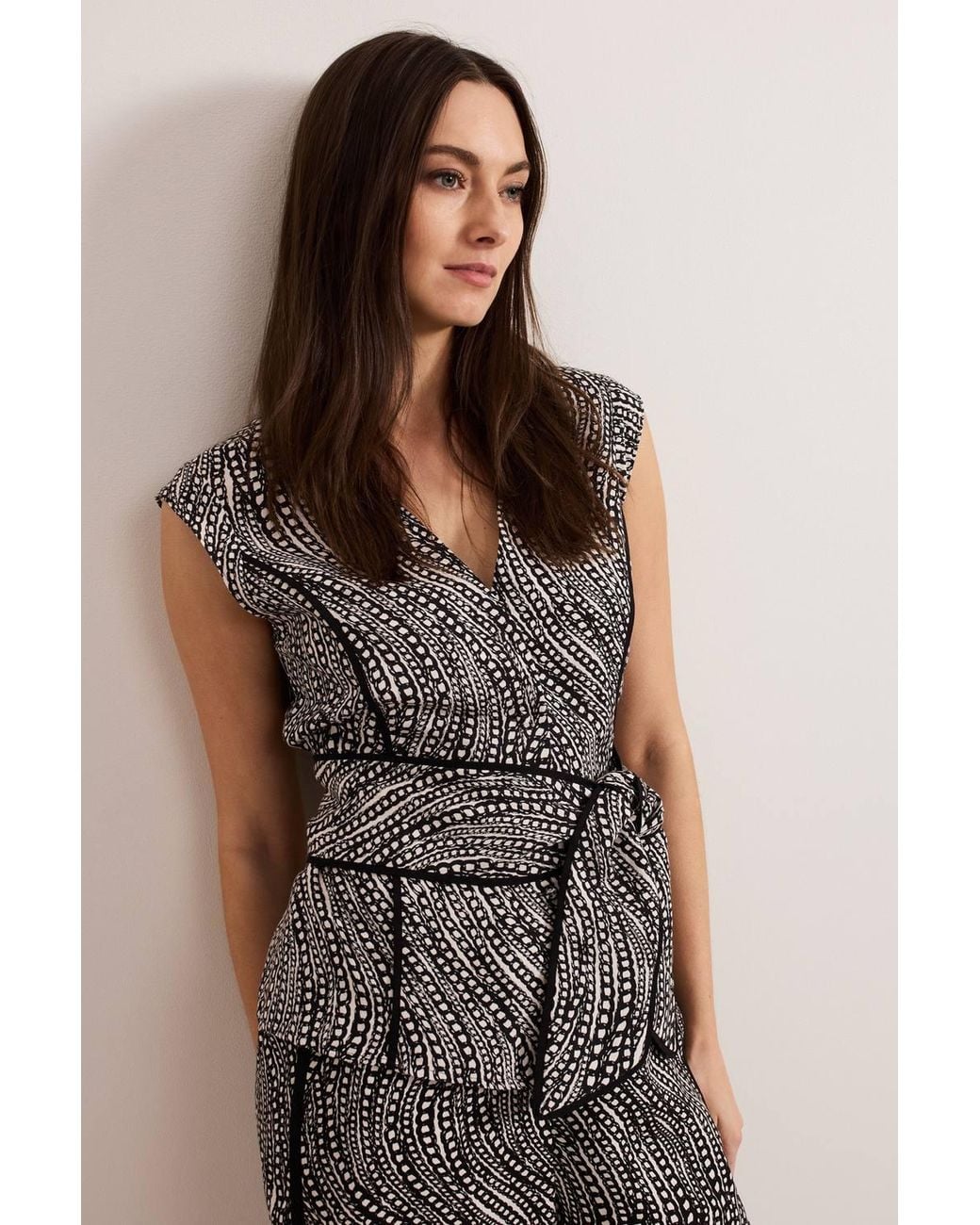 Phase Eight Brown Mariana Tie-Waist Printed Linen Top