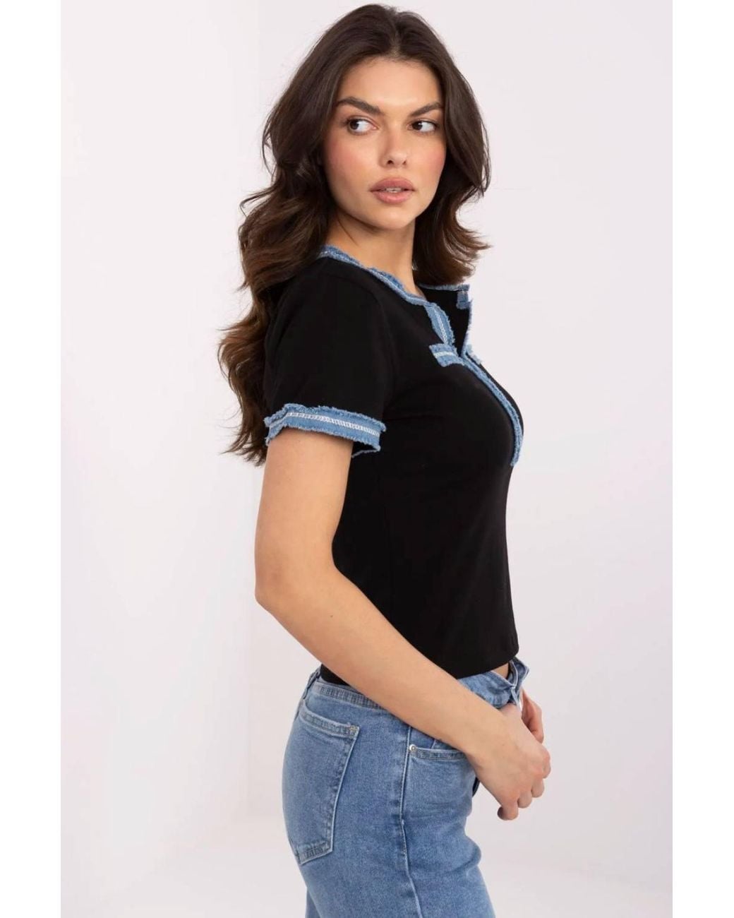 Love Lace Black Fitted Cotton Elastane V Neck Blouse With Denim