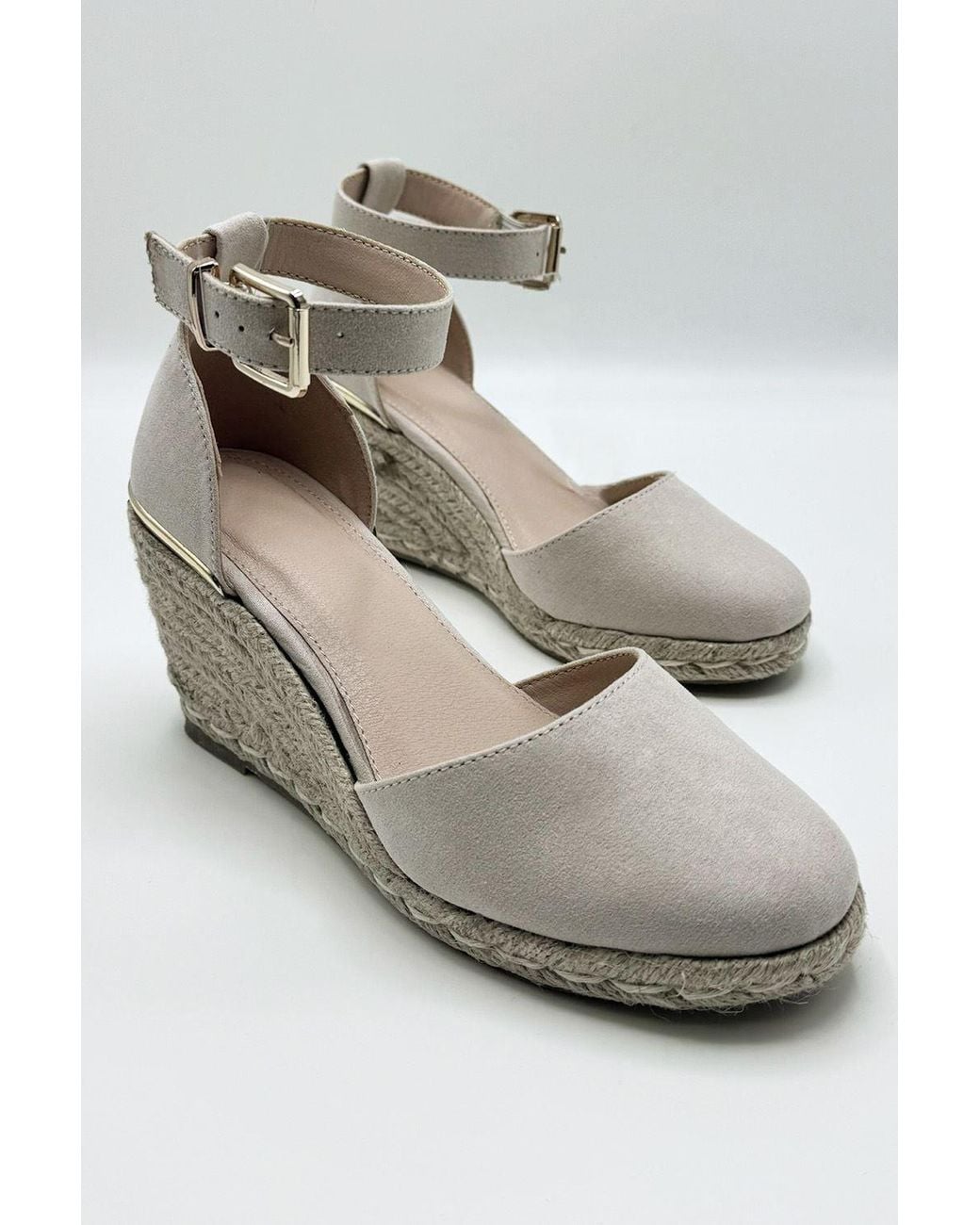 Miss Diva Gray Adara Round Toe Espadrille Wedges With Anklestrap & Buckle