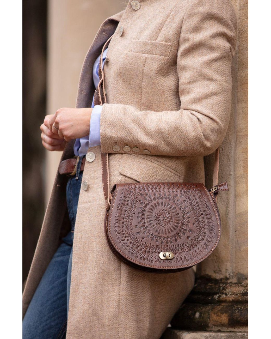 Berber Leather Brown 'The Temara' Embossed Leather Saddle Bag