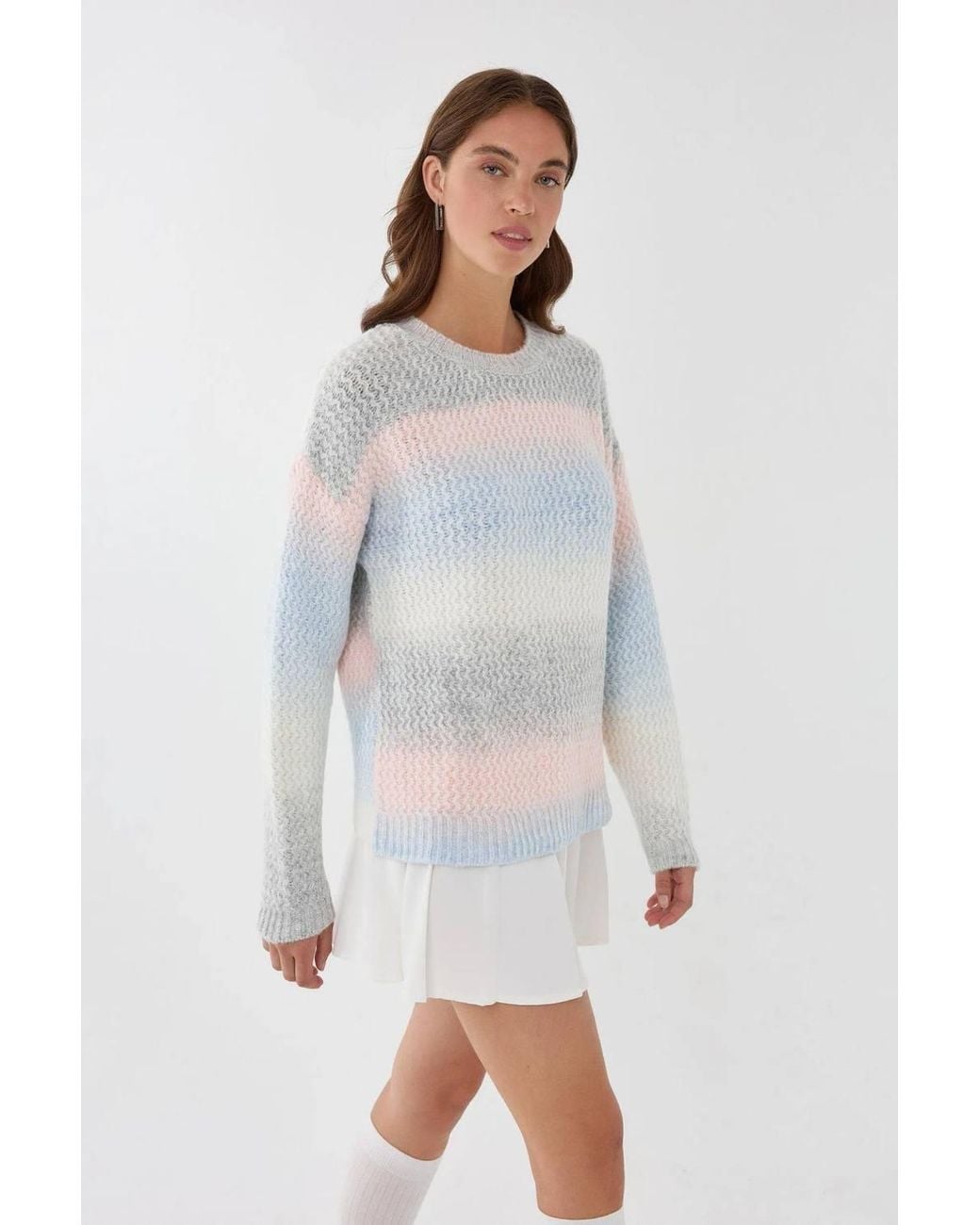 Hiccup White Striped Crew Neck Textured Knit Sweater