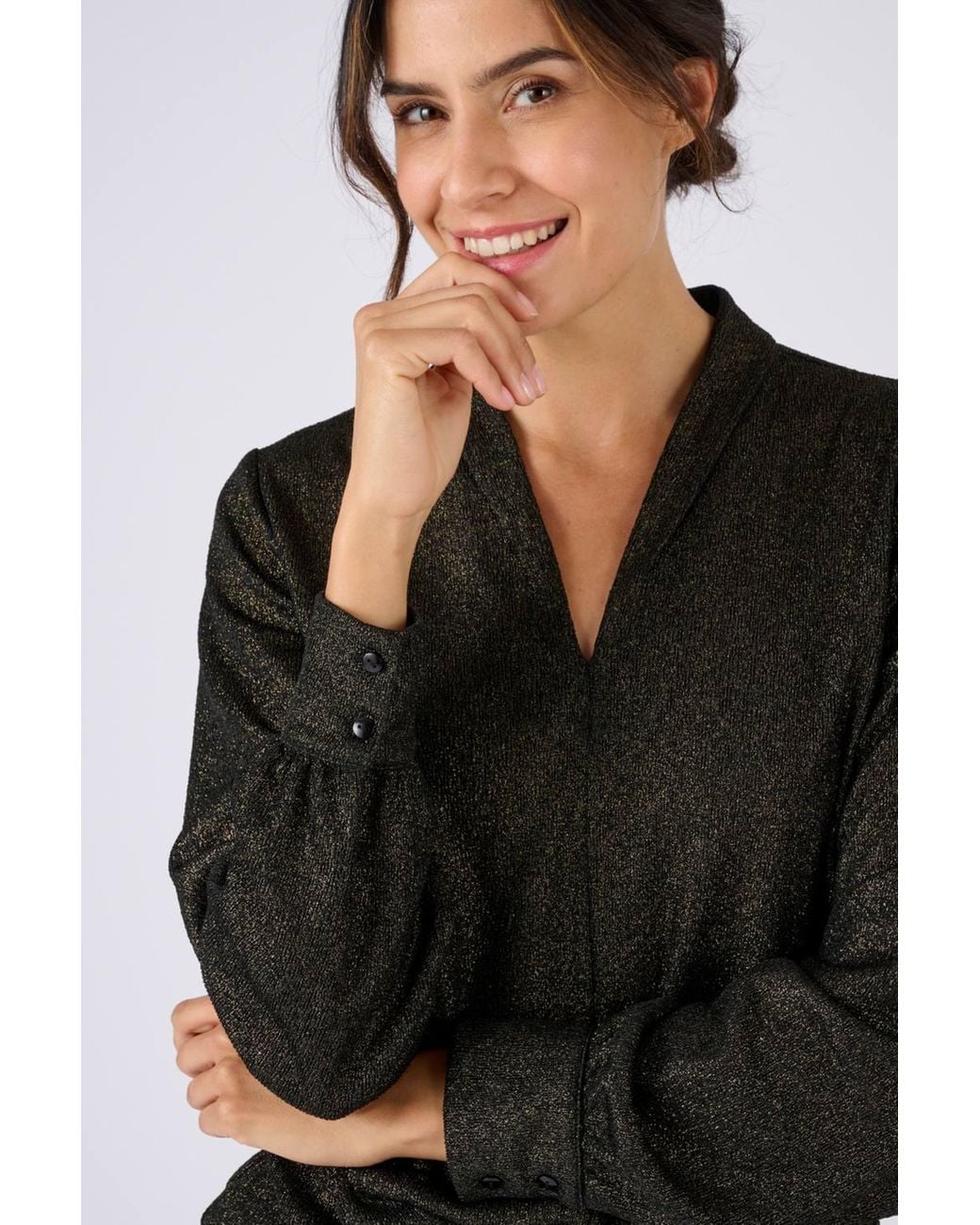 DAMART Black V Neck Gathered Sleeve Sparkle Knit Top