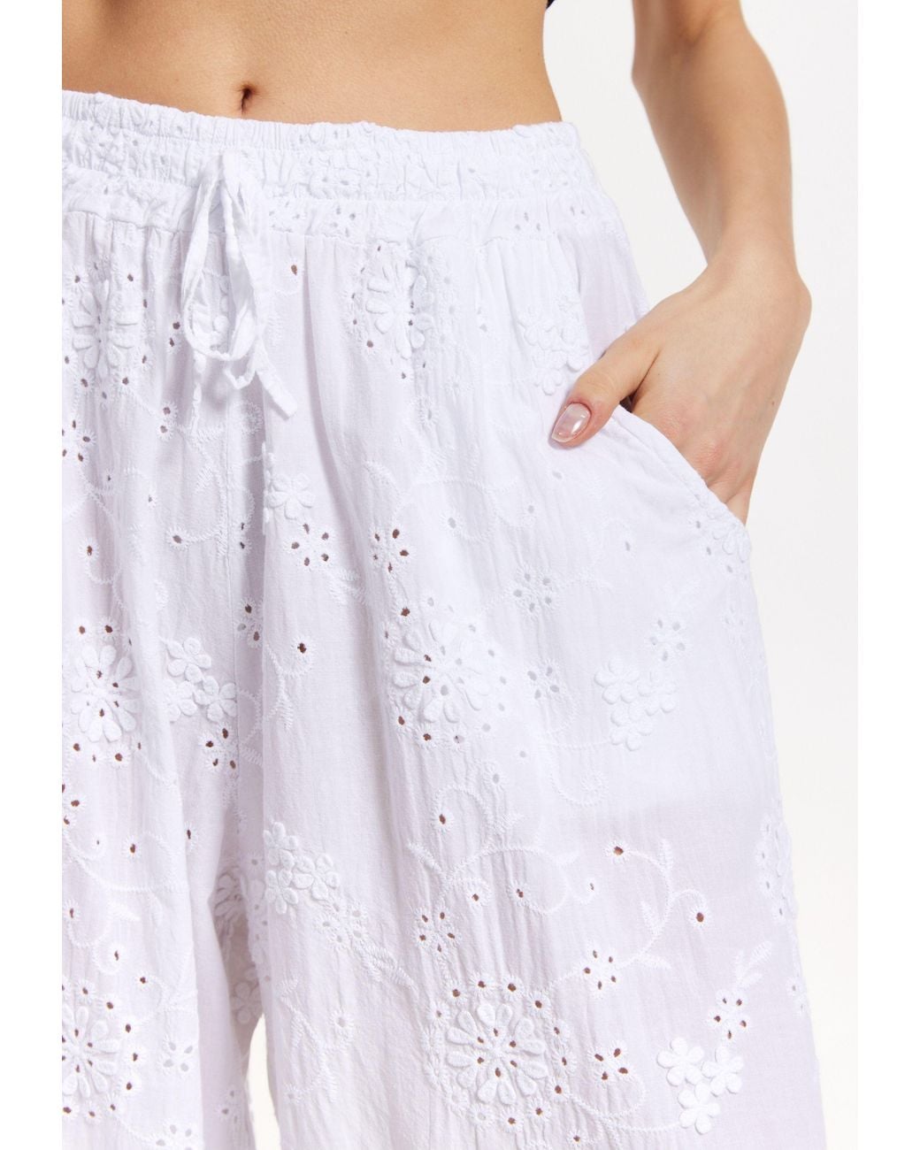 Liquorish White Embroidered Wide Leg Trousers