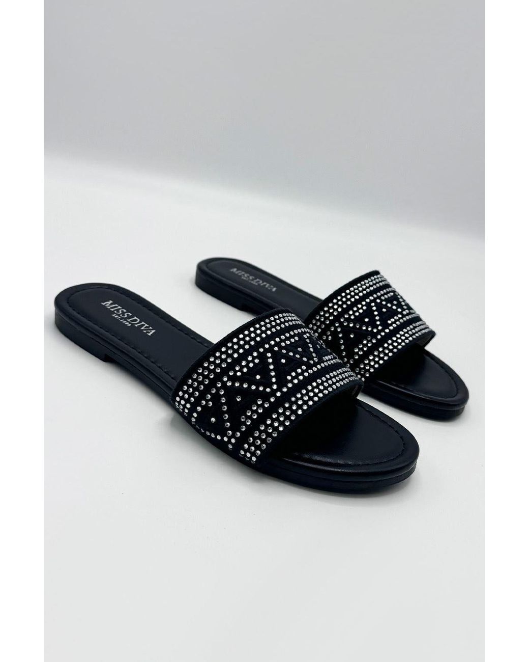 Miss Diva Blue Kree Diamante Patterned Sliders