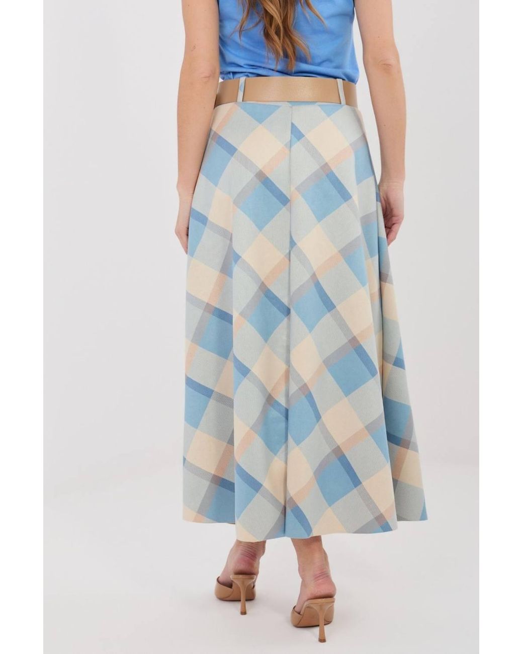 Love Lace Blue Classic Check Flared Maxi Skirt With Belt