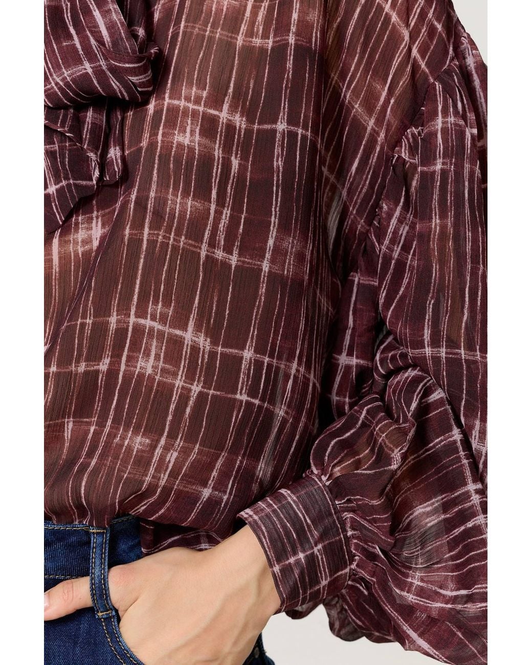 Liquorish Red Check Tie Neck Blouse