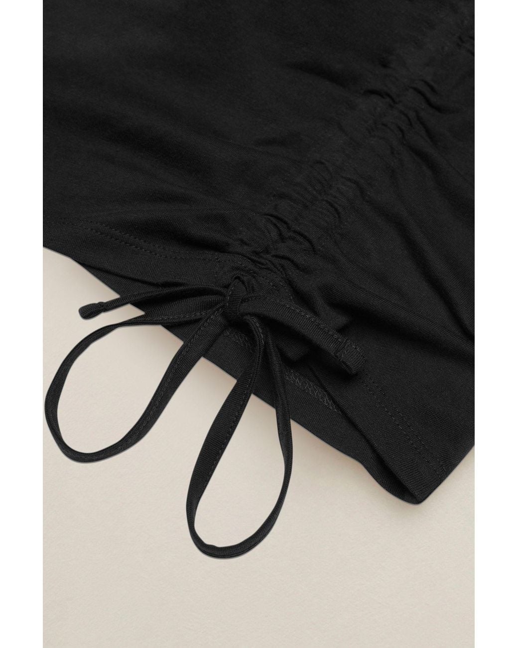 Enorsia Black Combed Cotton Ruched Front Short Sleeve T-Shirt