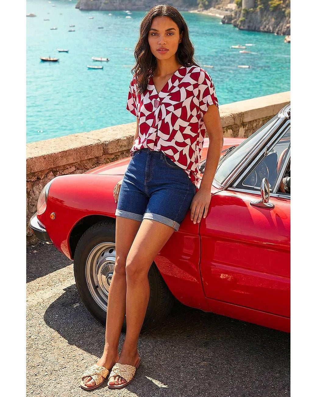 Roman Red Abstract Print V-Neck Stretch Top