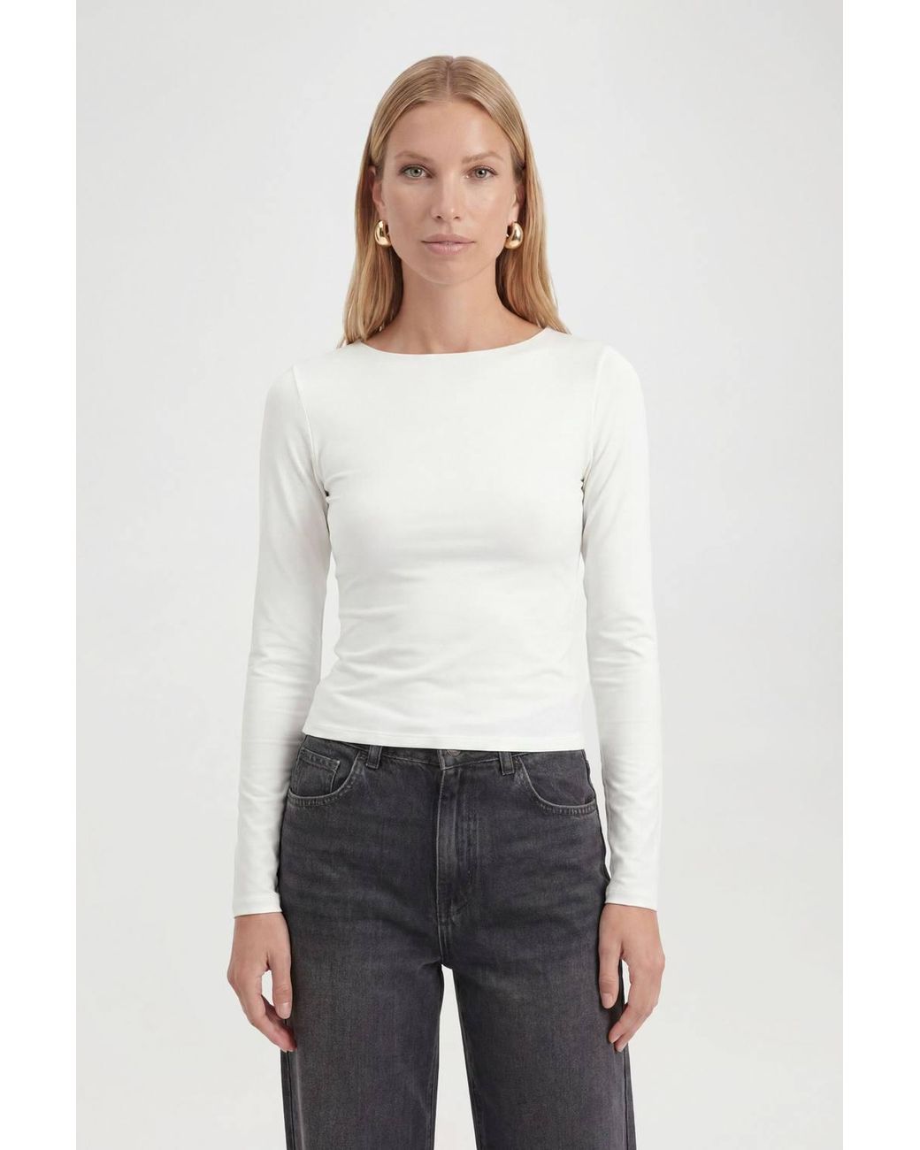Roselle Blue Slinky Double Layer Crew Neck Long Sleeve Crop Top