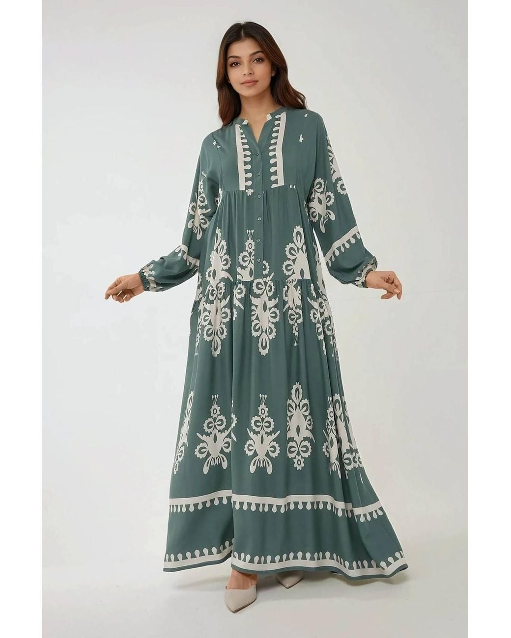 Hiccup Green Printed Long Sleeve Viscose Maxi Dress