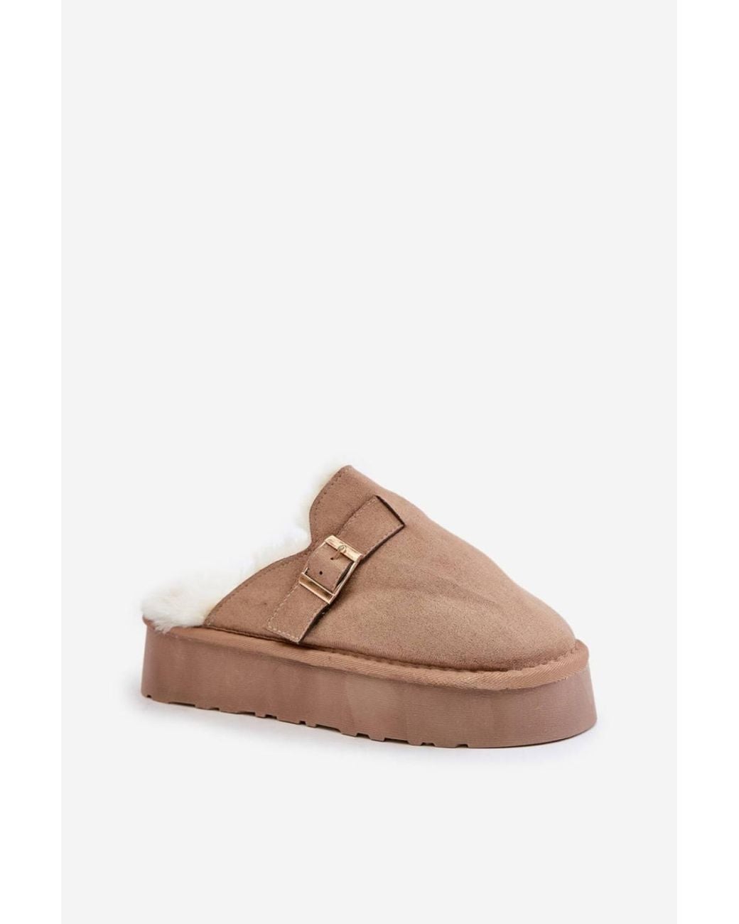 Love Lace Natural Thick Sole Fur Lined Warm Slippers With Buckle Strap