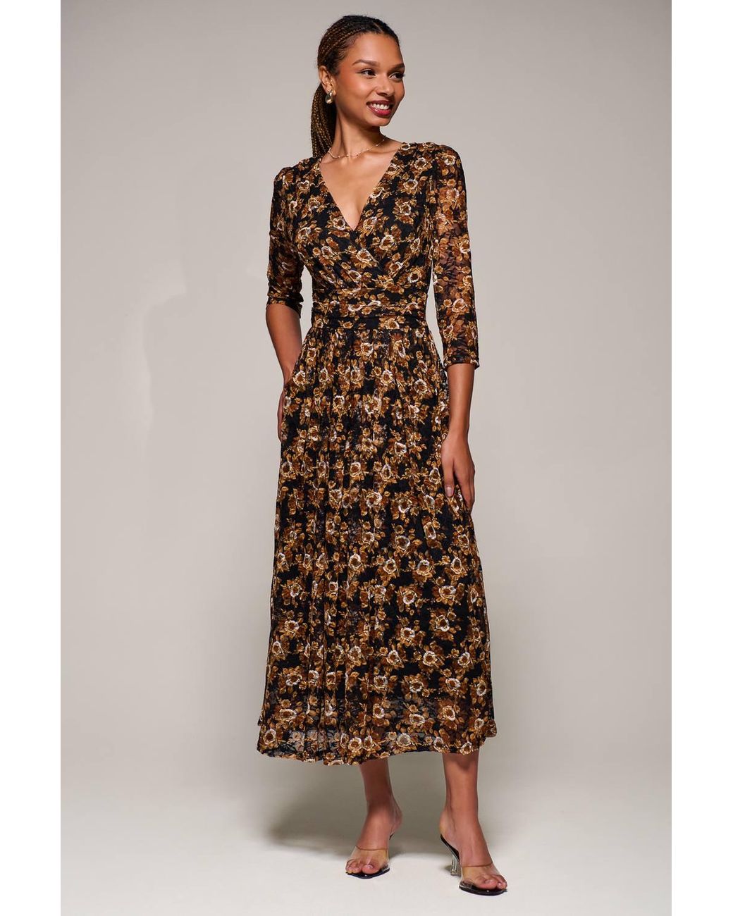Jolie Moi Brown Three Quarter Sleeve Printed Lace Maxi Dress