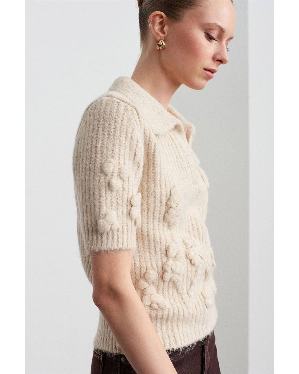 Dilvin Natural Textured Ribbed Polo-Collar Sweater
