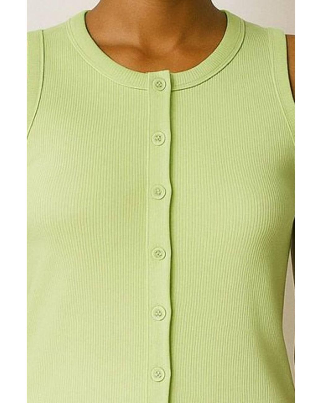 Stylewise Green Ribbed Button-Through Sleeveless Vest Top