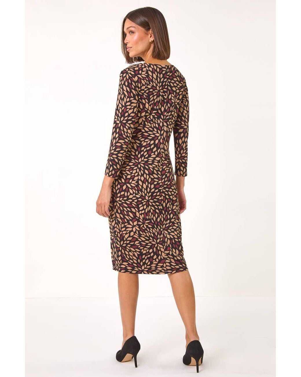 Roman Natural Leaf Print Side Twist Stretch Midi Dress