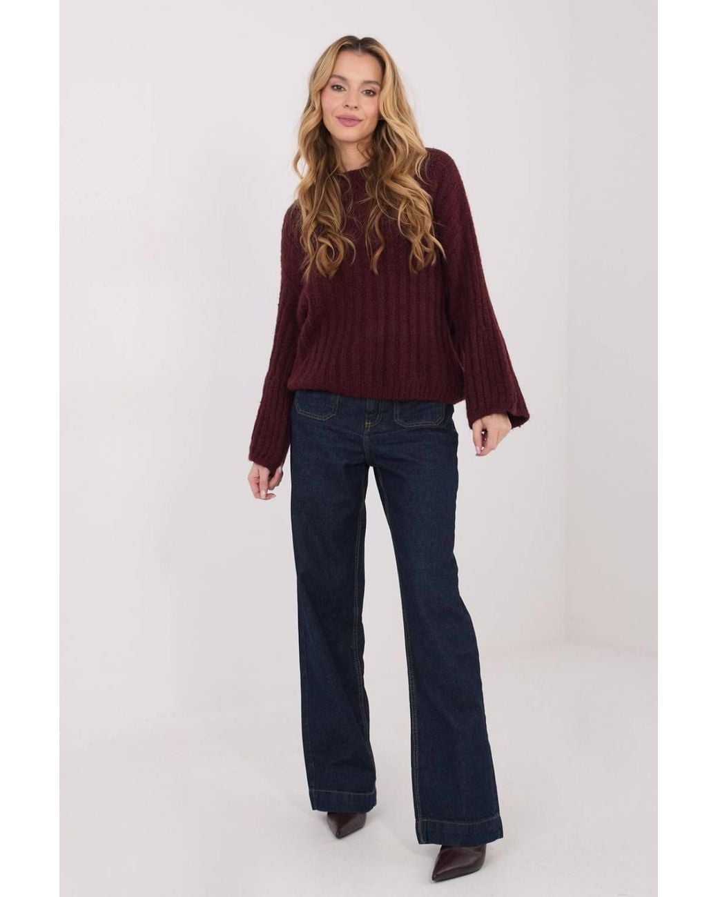 Love Lace Red Thick Knit Round Neck Puff Sleeve Sweater