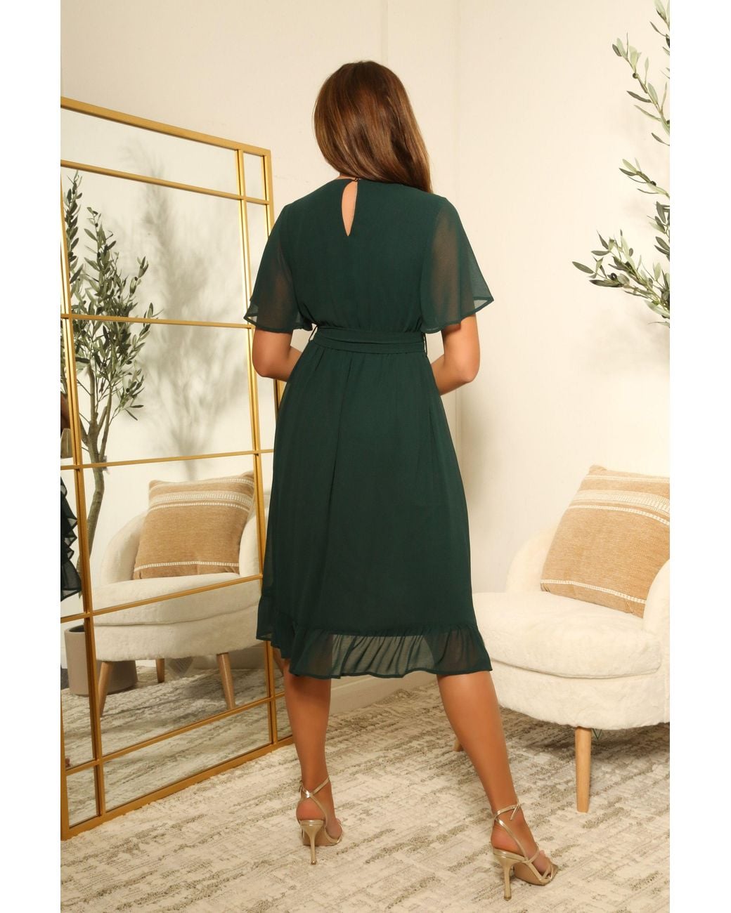 Double Second Green Chiffon Wrap Dress With Tea Sleeve