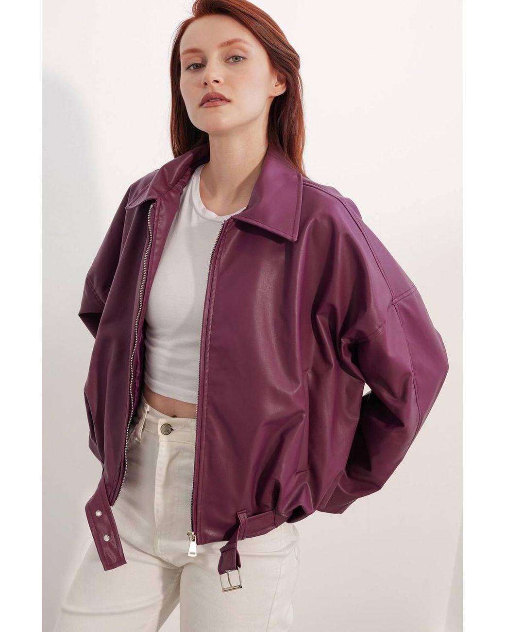 Bigdart Purple Oversized Faux Leather Belted Jacket