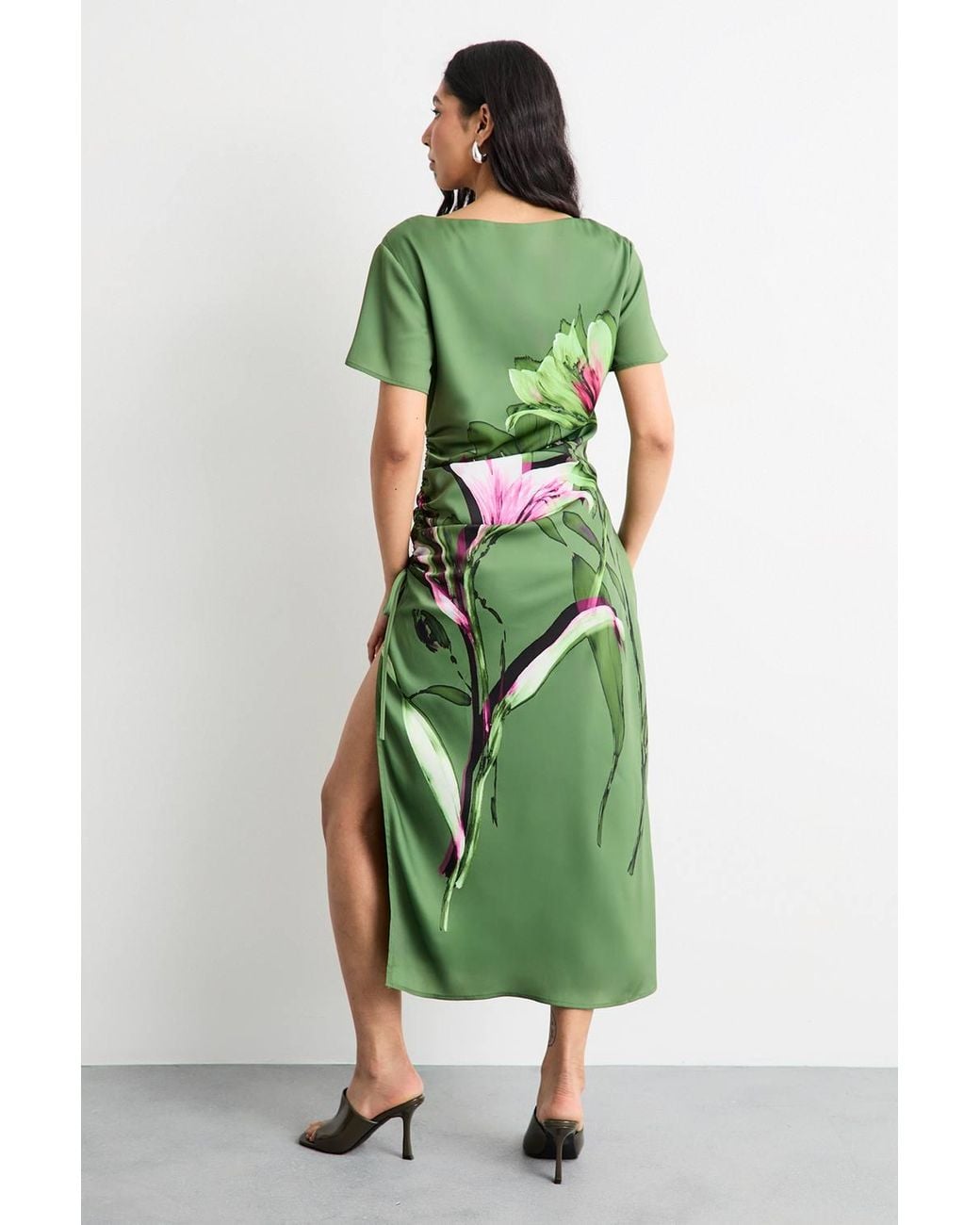 Warehouse Green Floral Printed Drawstring Waist Short Sleeve Midi Dress