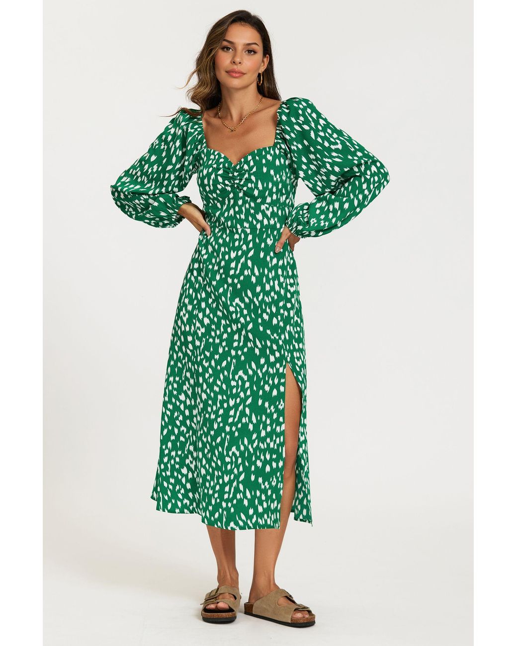 FS Collection Green Brushstroke Print Long Sleeve Heart Neckline Midi Dress