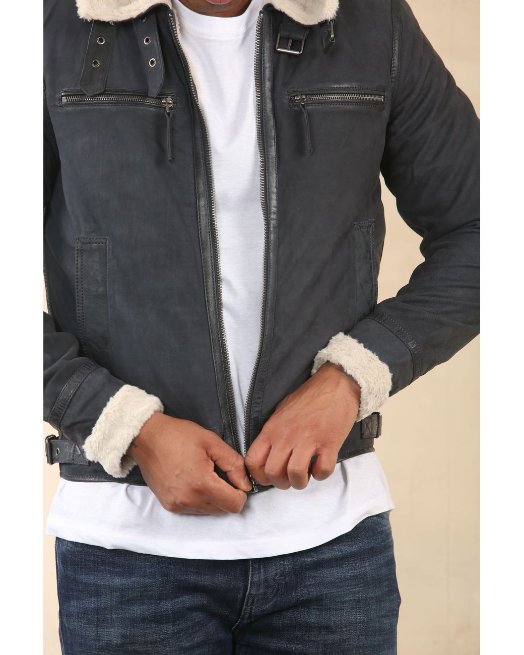 TruClothing Gray Suede Pilot Aviator Leather Jacket for men