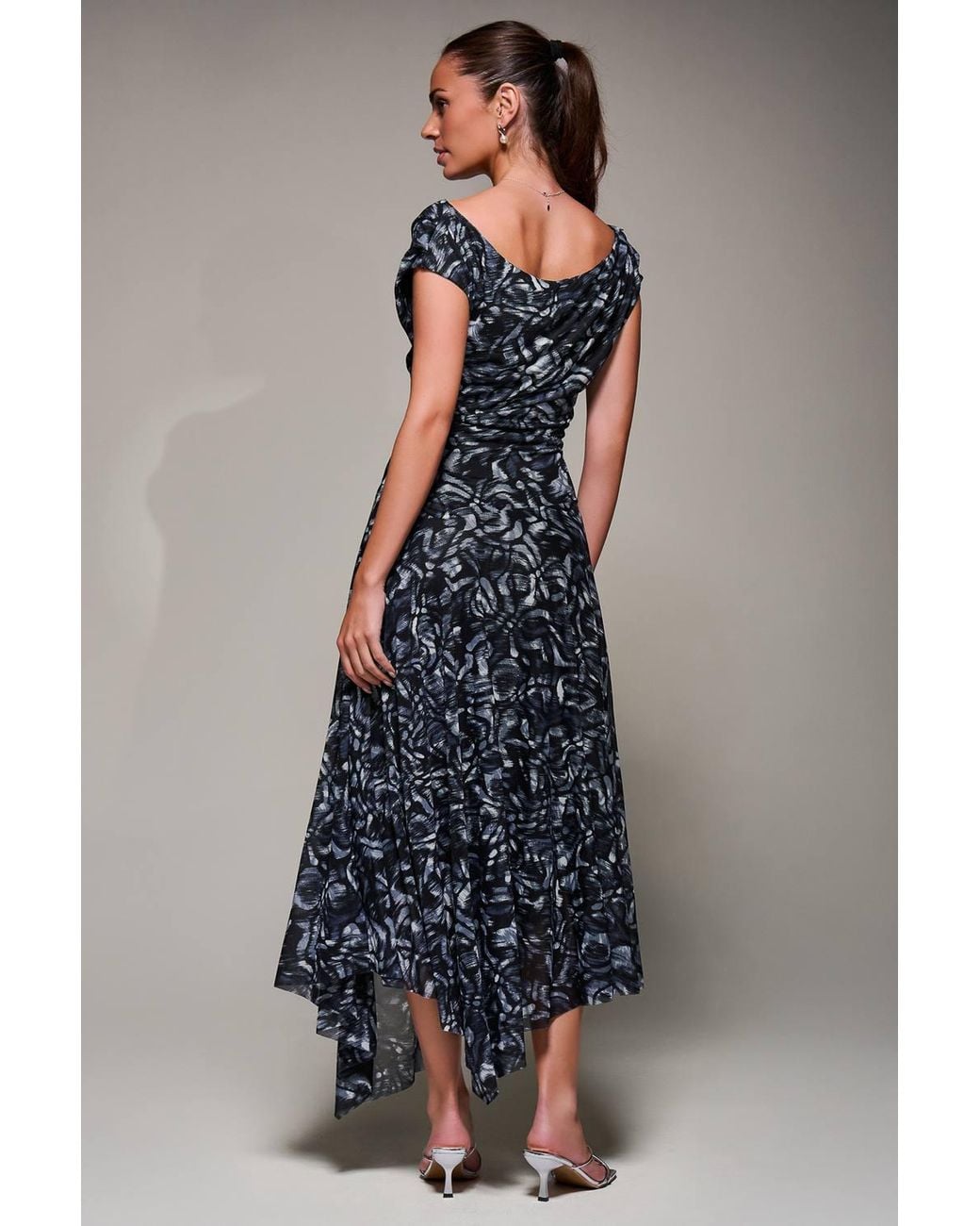 Jolie Moi Blue Mesh Asymmetrical Draped Maxi Dress